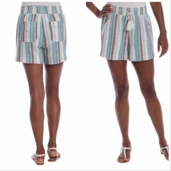 Briggs New York Linen Blend Pull-On Shorts with Pockets Drawstring Teal Stripes - Picture 2 of 11